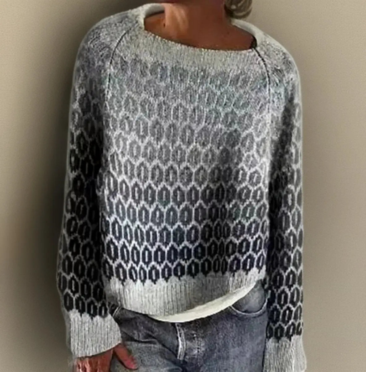 Damski luźny dzianinowy sweter z gradientowym wzorem Fair Isle