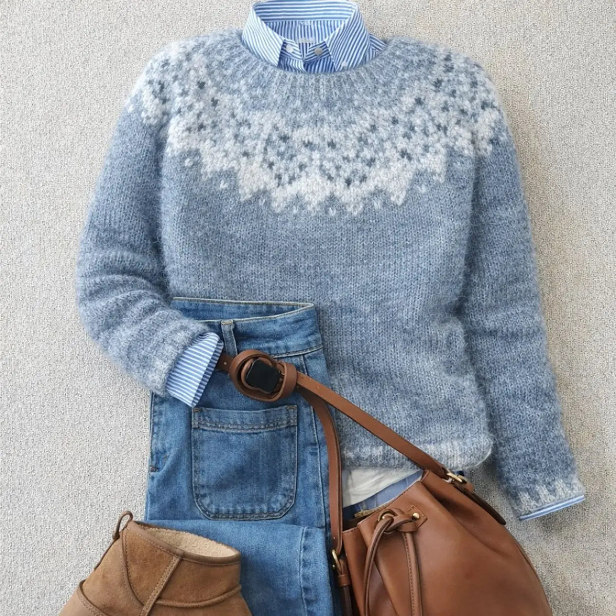 Damski luźny sweter z dzianiny z nordyckim wzorem Fair Isle