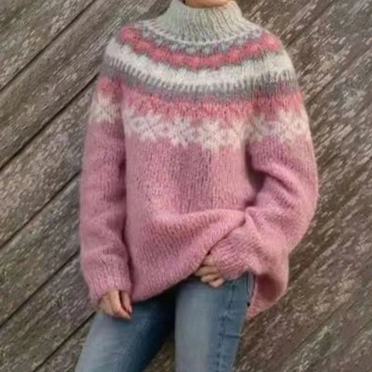 Damski luźny sweter z dzianiny z nordyckim wzorem Fair Isle