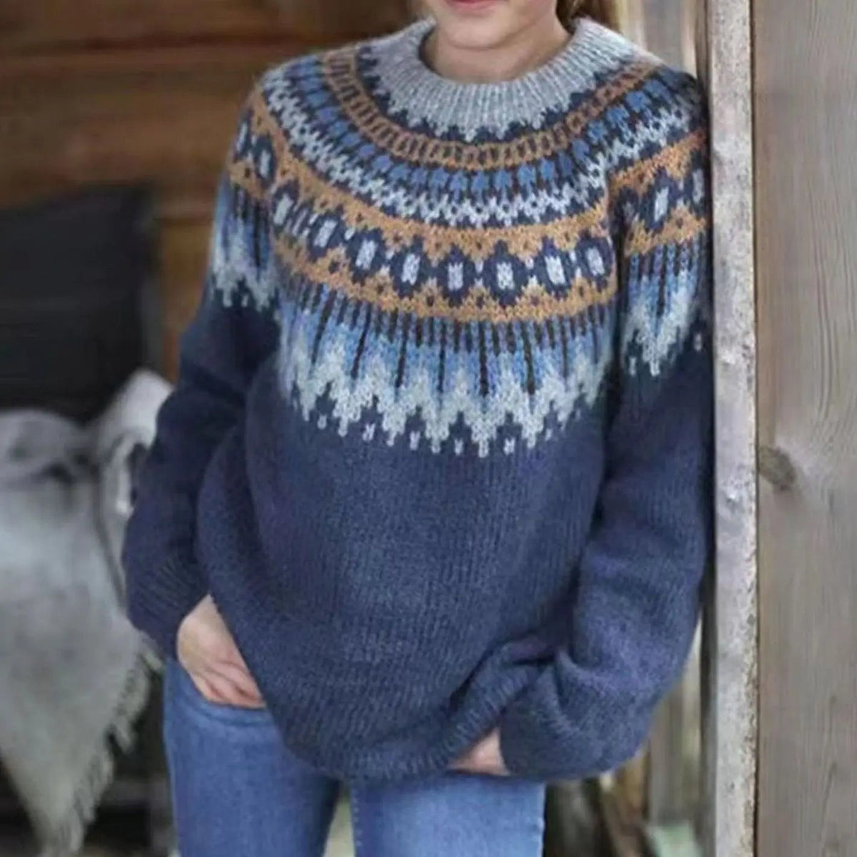 Damski luźny sweter z dzianiny z nordyckim wzorem Fair Isle