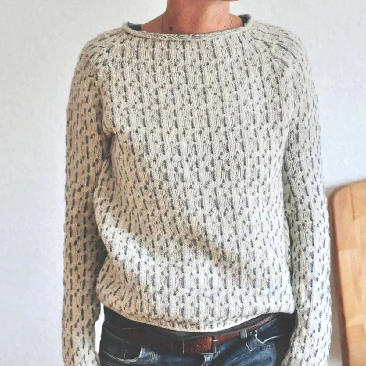 Damski luźny teksturowany sweter z dzianiny z okrągłym dekoltem