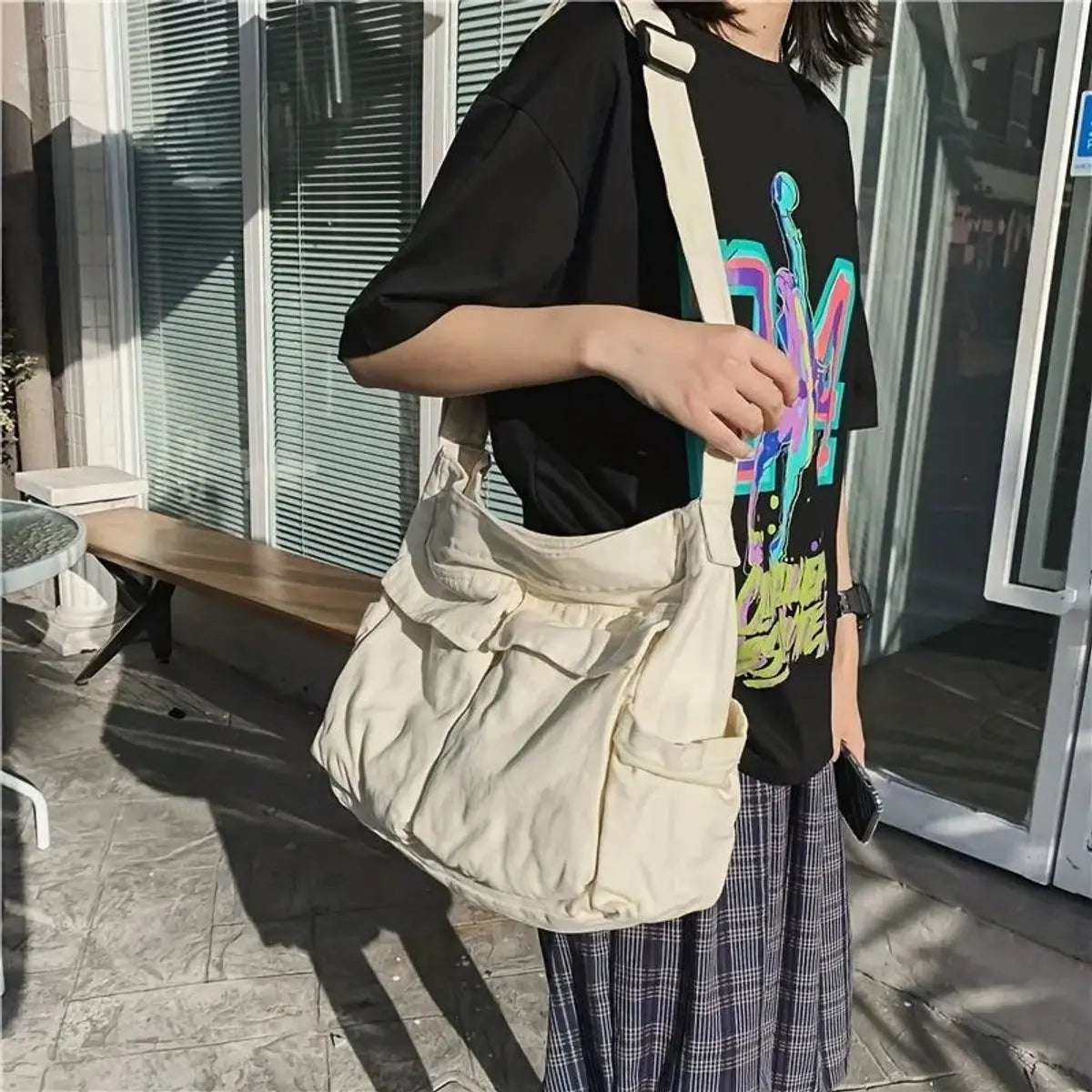 Damska płócienna torba tote w stylu vintage, z wieloma kieszeniami, do noszenia na skos lub na ramieniu