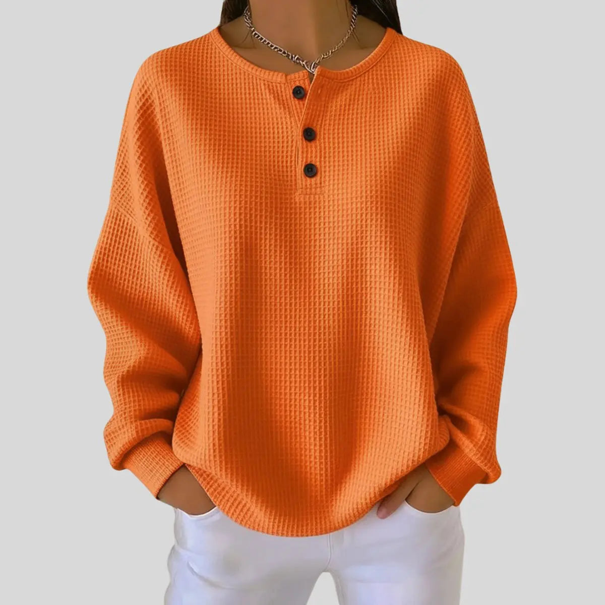 Damski sweter z dzianiny waflowej, z długimi rękawami, zapięciem henley i fasonem pulowera