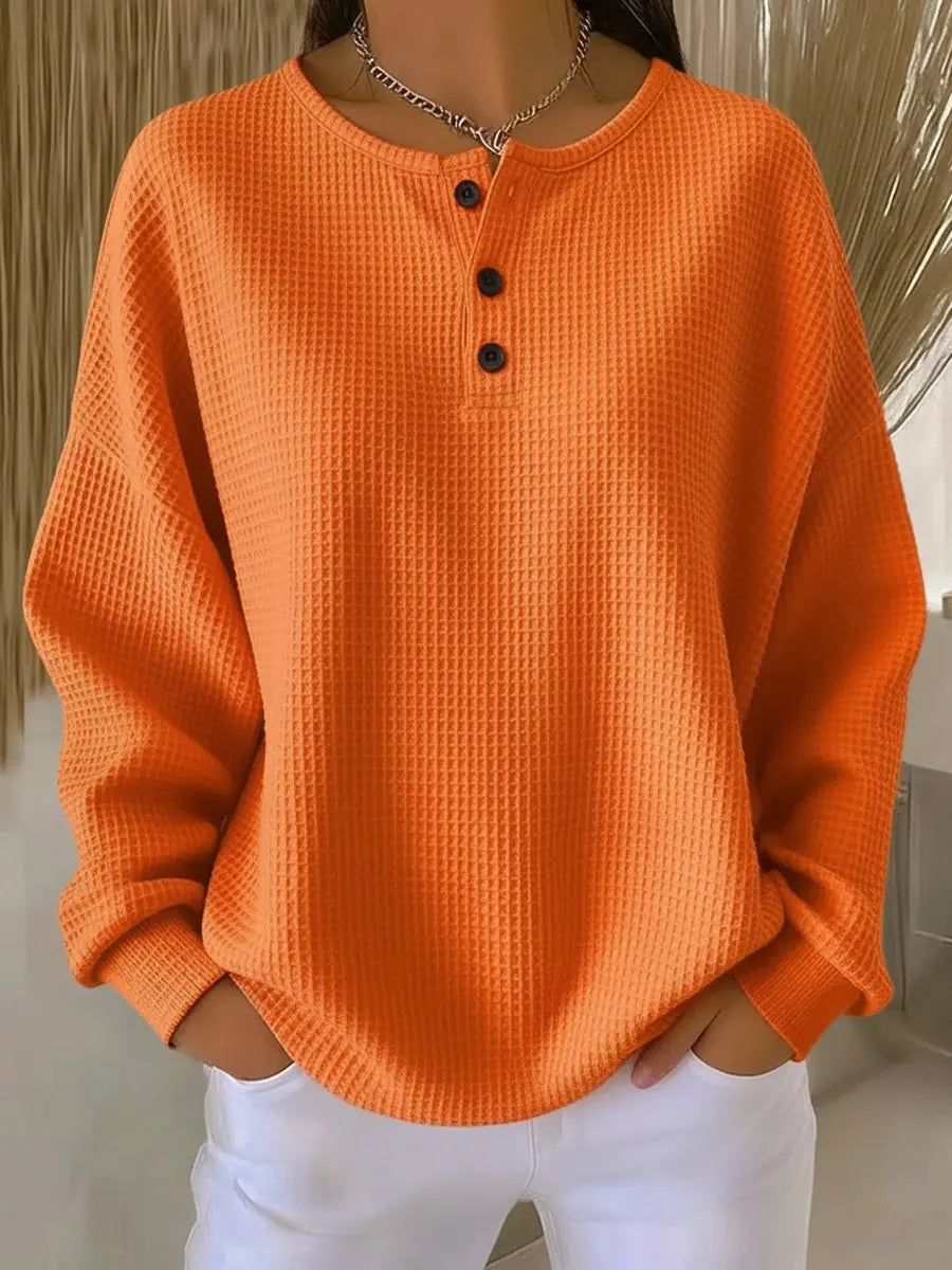 Damski sweter z dzianiny waflowej, z długimi rękawami, zapięciem henley i fasonem pulowera